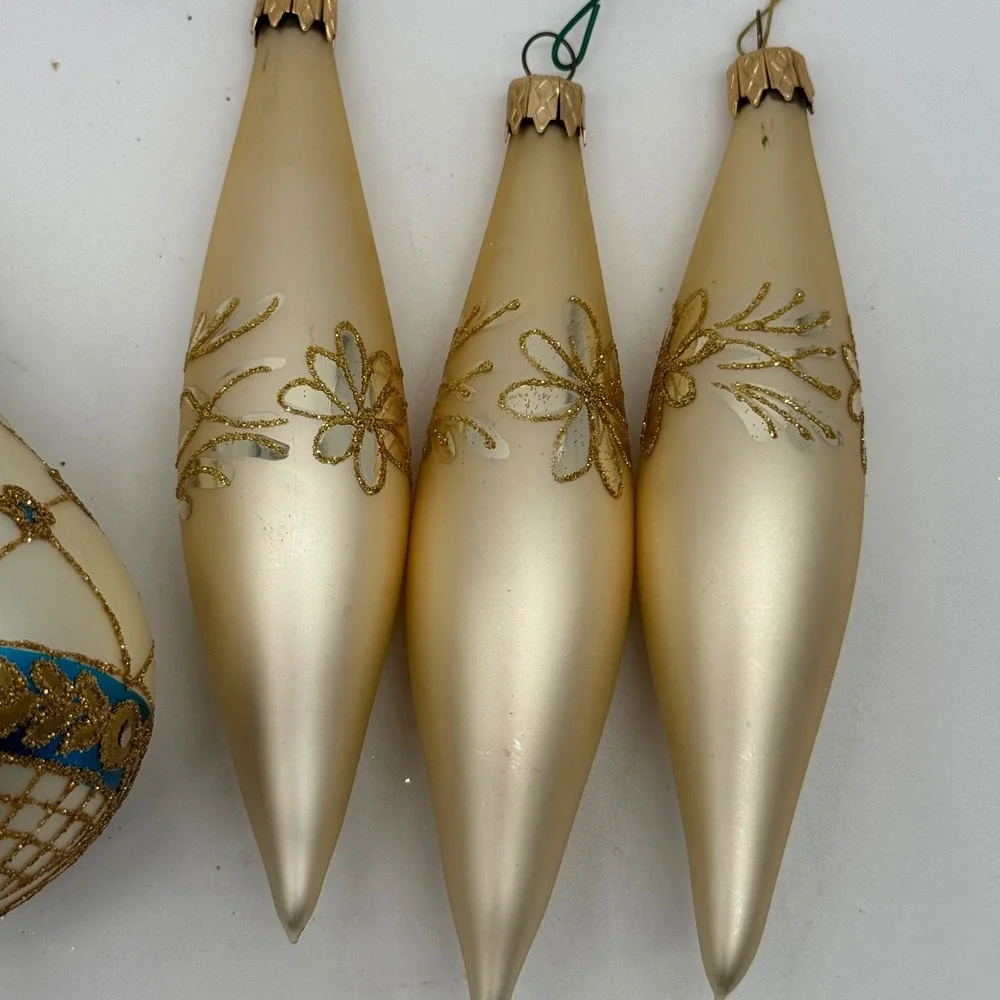 Vintage Glass Christmas Ornaments Lot 4 Cream Gold Lattice Teardrop Torpedo 6